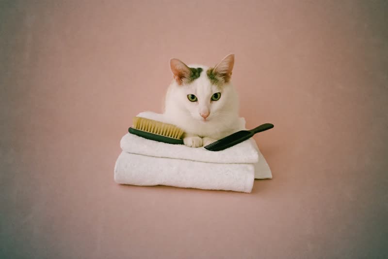 Grooming brushes, a comb and folded towels laid out ready