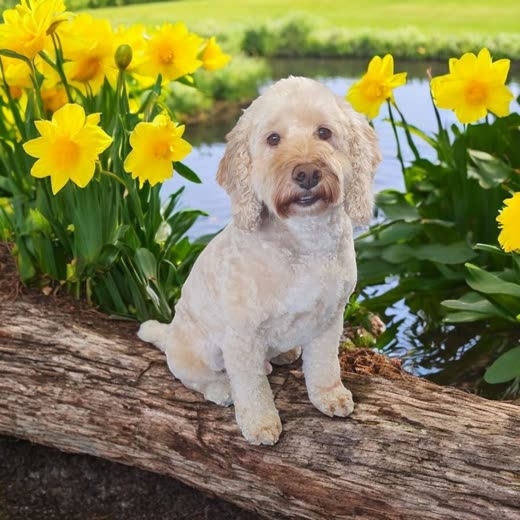 A cream cockapoo with a neatly scissored coat sitting outdoors among daffodils