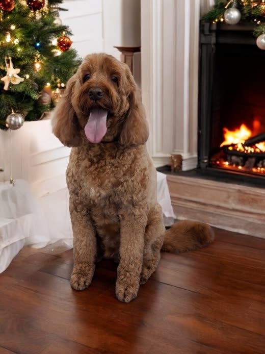 A freshly groomed apricot cockapoo sitting on a wooden floor by a fireplace
