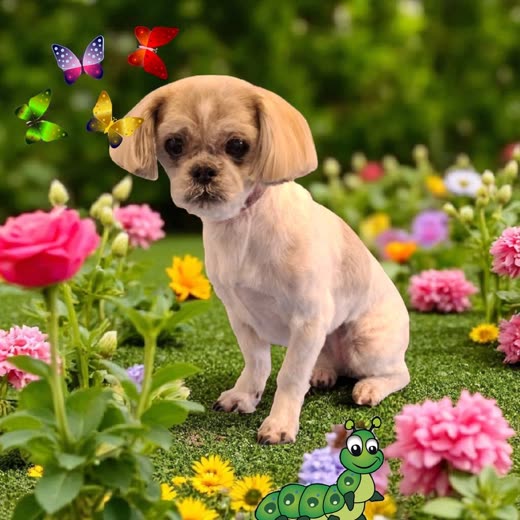 A clipped shih tzu cross sitting in a flower bed